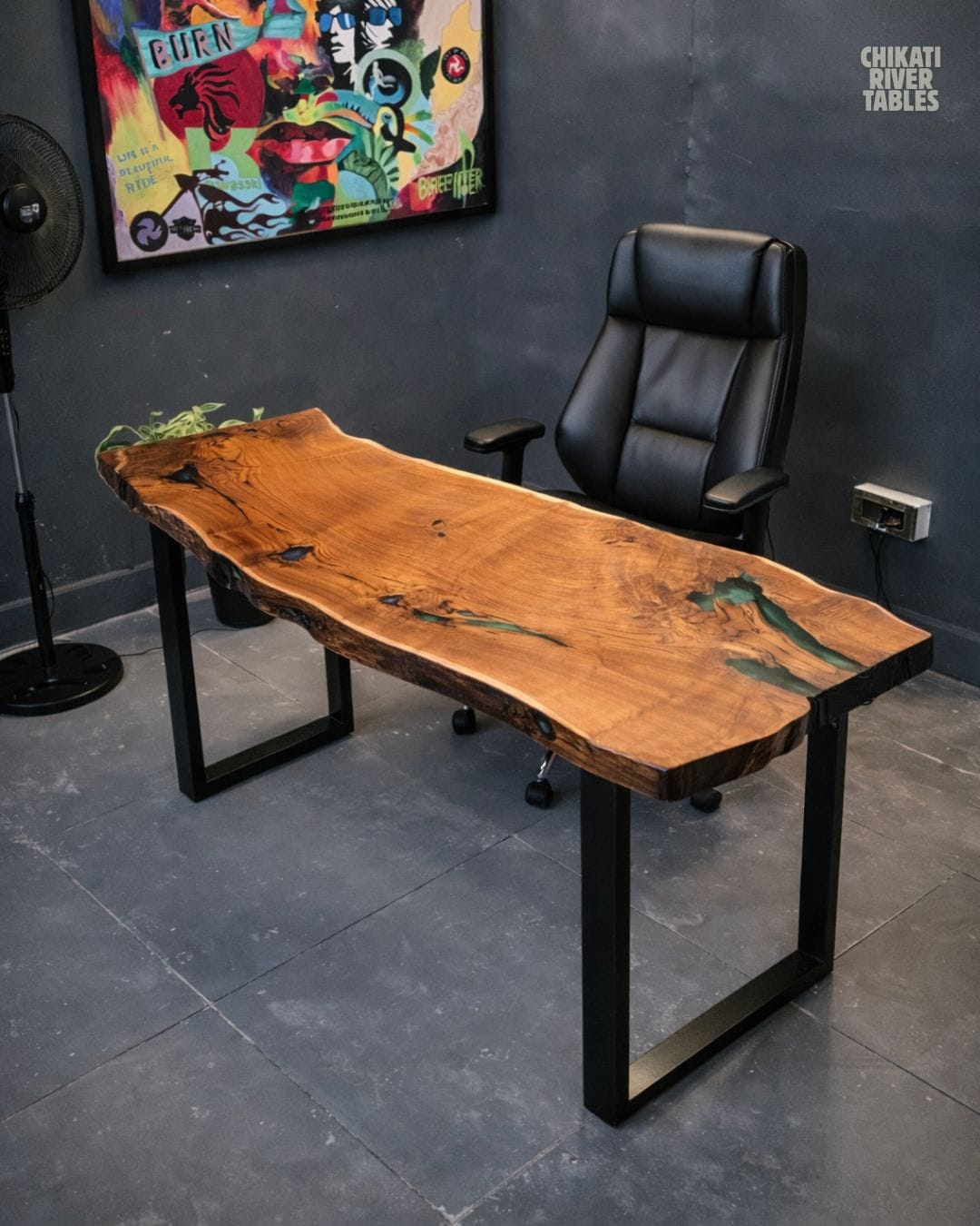 Long live-edge teak table with green and blue resin inlays