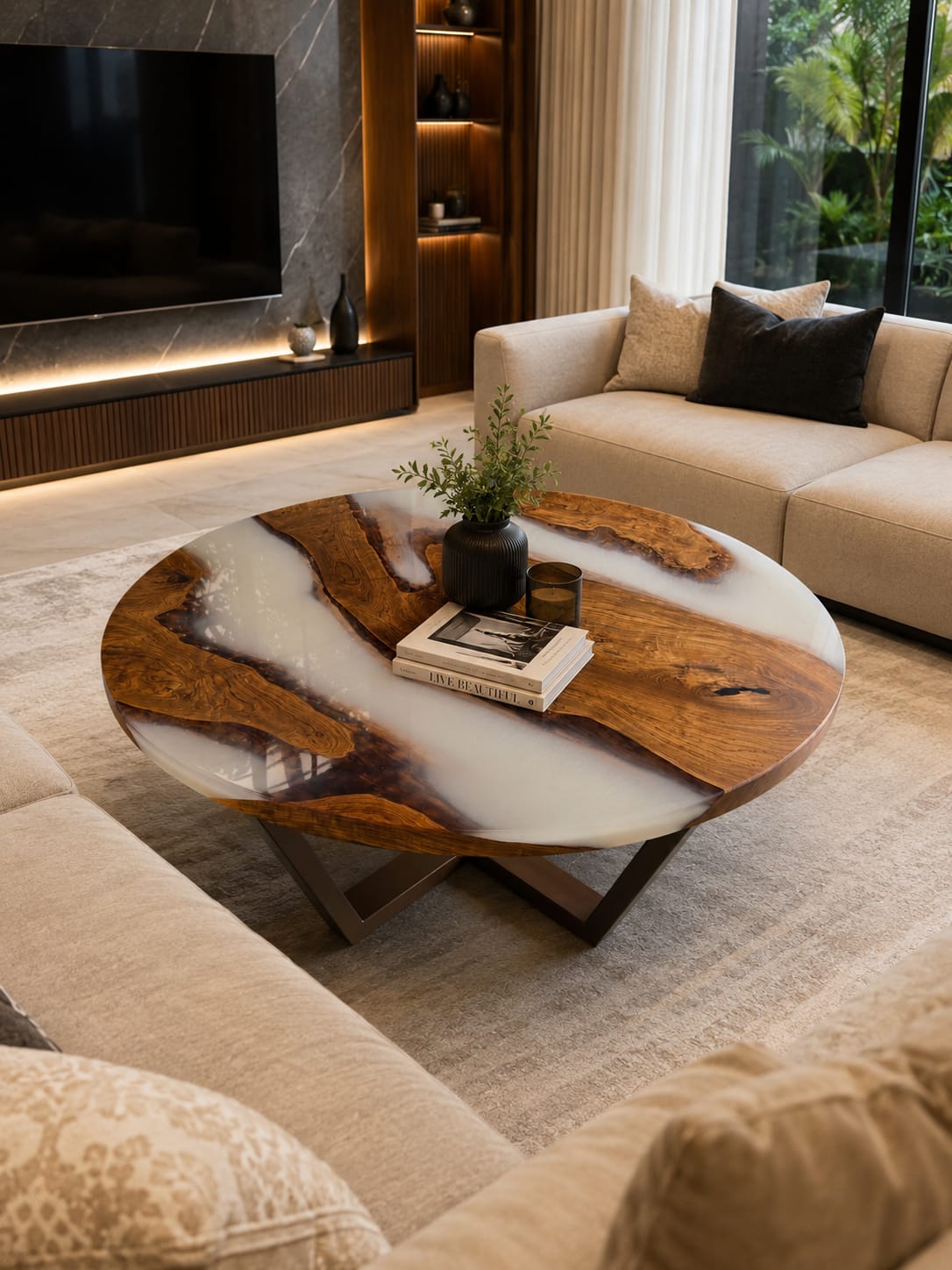 Round teak table with glossy pearl white resin between the slabs