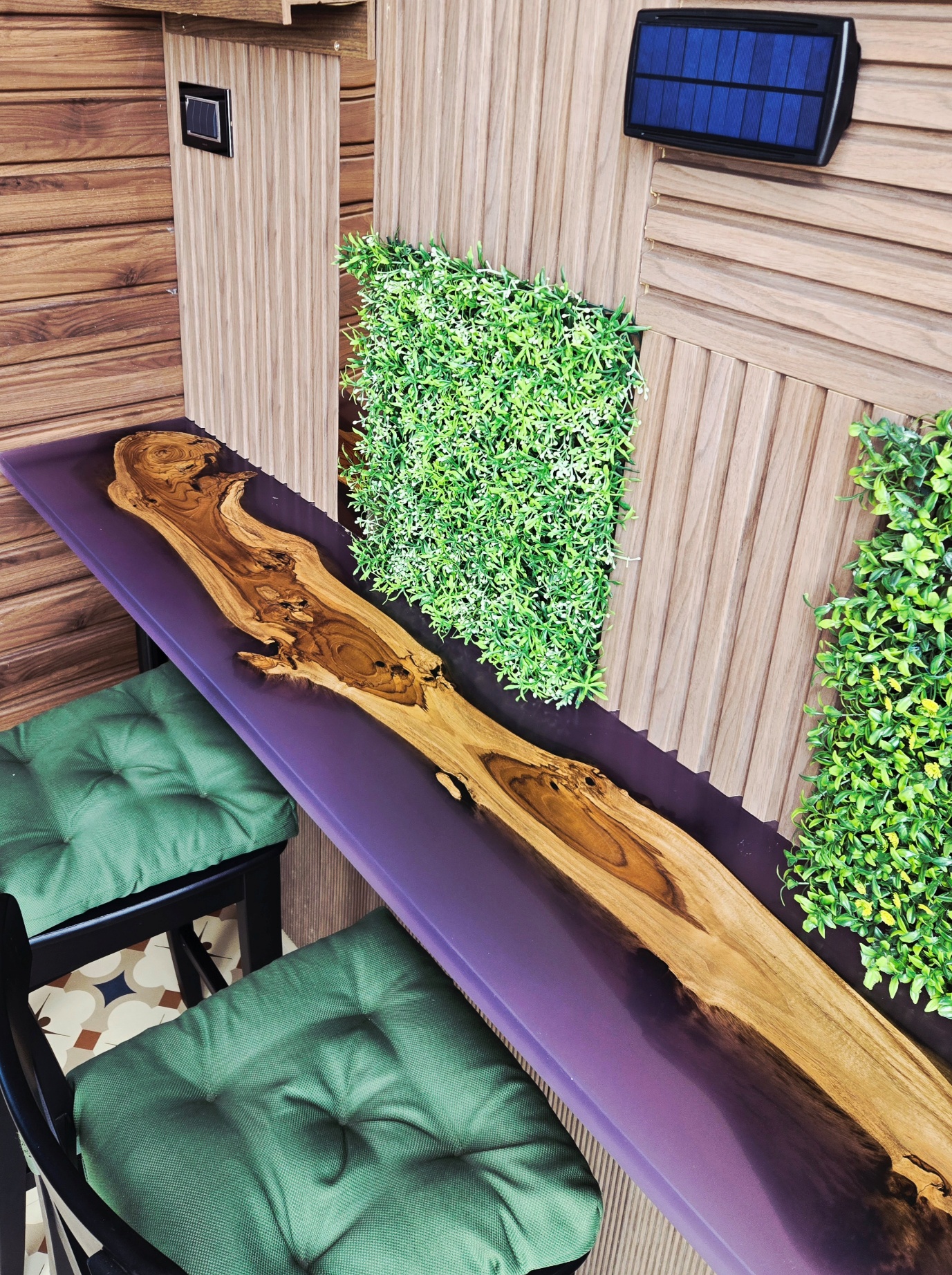 Live-edge wood console table with violet resin
